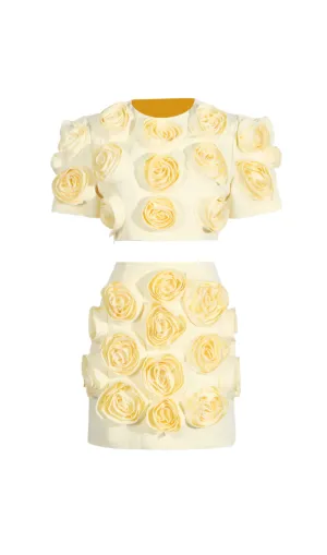 3D FLOWER BUBBLE SLEEVE TOP SKIRT SUIT IN YELLOW Gloria Lanvin
