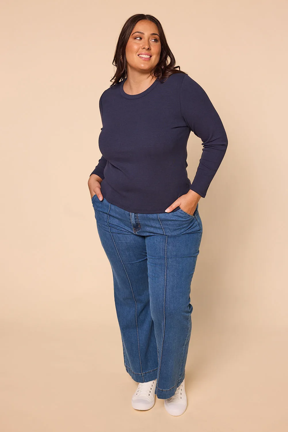 Adrift Ribbed Long Sleeve Tee in Navy Adrift