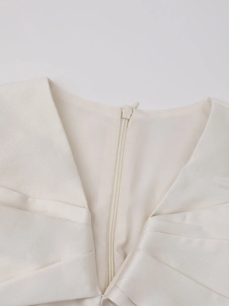 ALICE BEIGE WHITE PLEATED BOW OFF-SHOULDER MIDI DRESS Gloria Lanvin