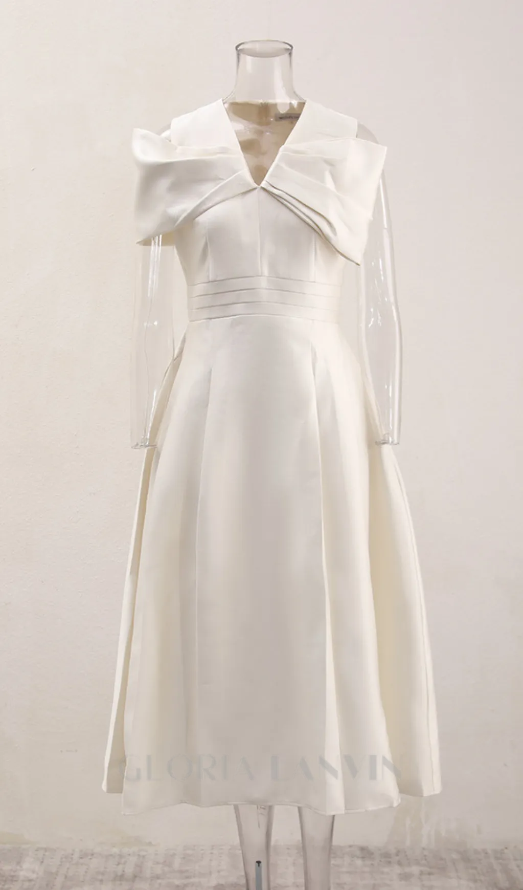 ALICE BEIGE WHITE PLEATED BOW OFF-SHOULDER MIDI DRESS Gloria Lanvin
