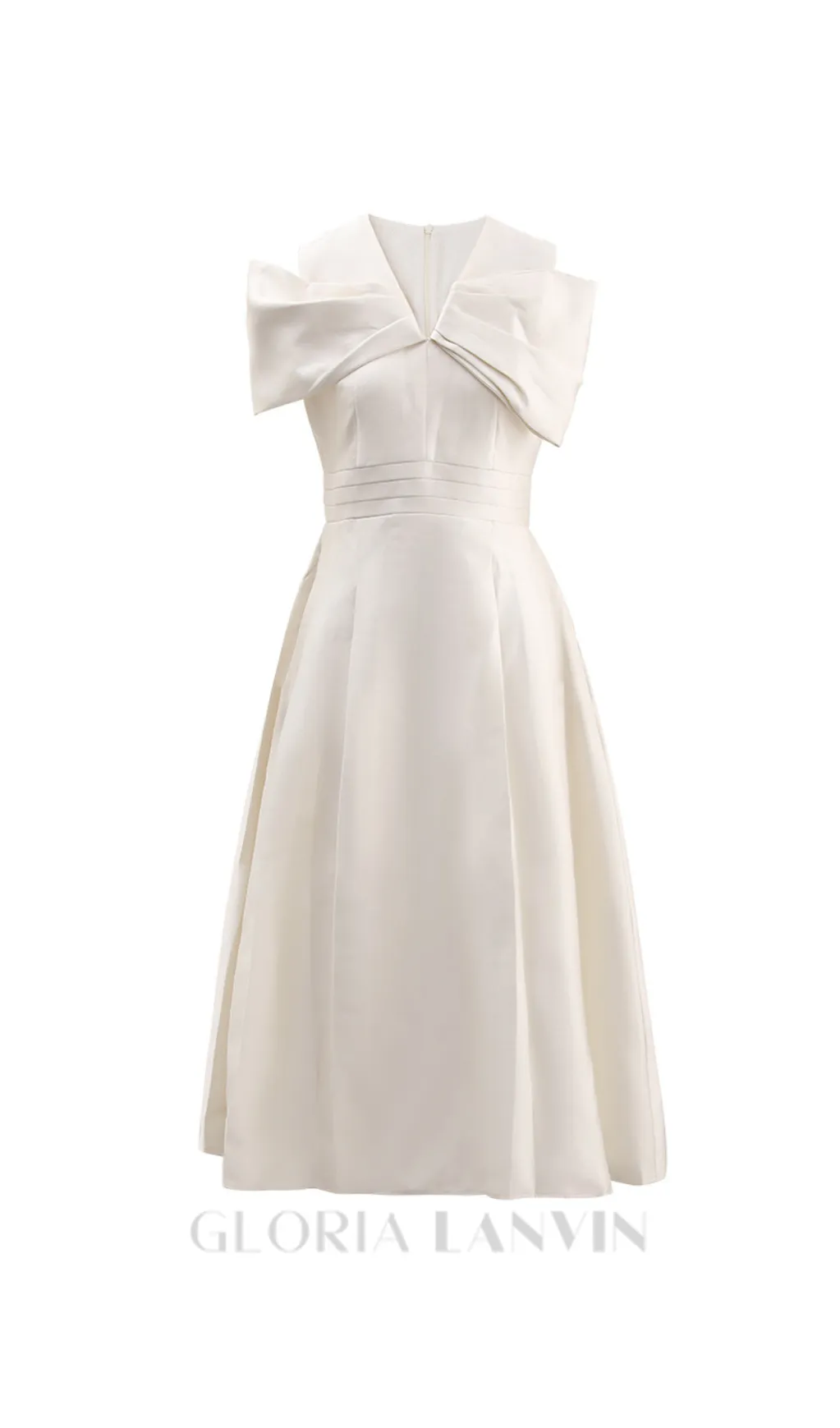 ALICE BEIGE WHITE PLEATED BOW OFF-SHOULDER MIDI DRESS Gloria Lanvin