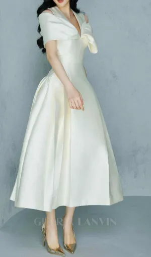 ALICE BEIGE WHITE PLEATED BOW OFF-SHOULDER MIDI DRESS Gloria Lanvin