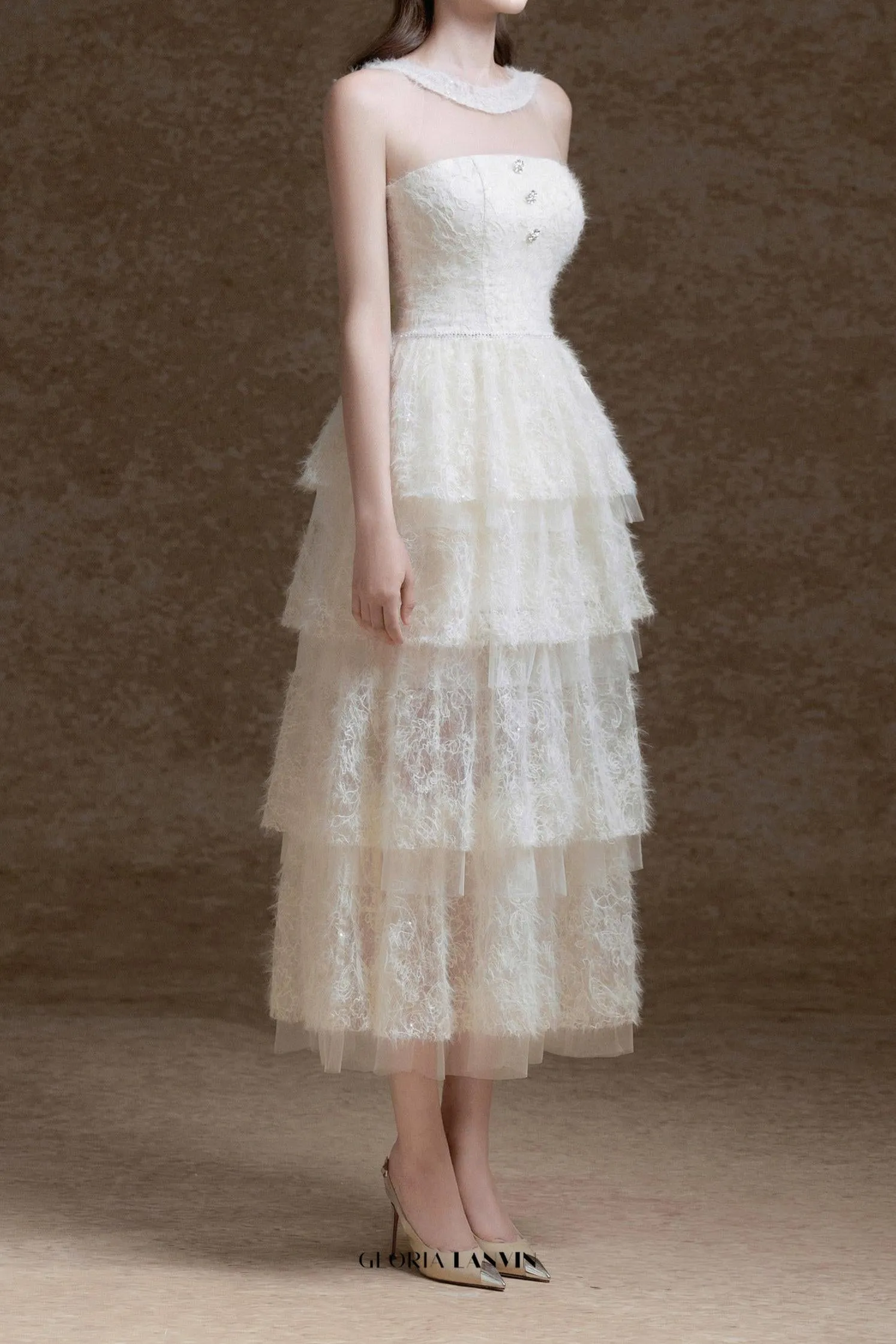 alison mesh stitching layer dress in white Gloria Lanvin