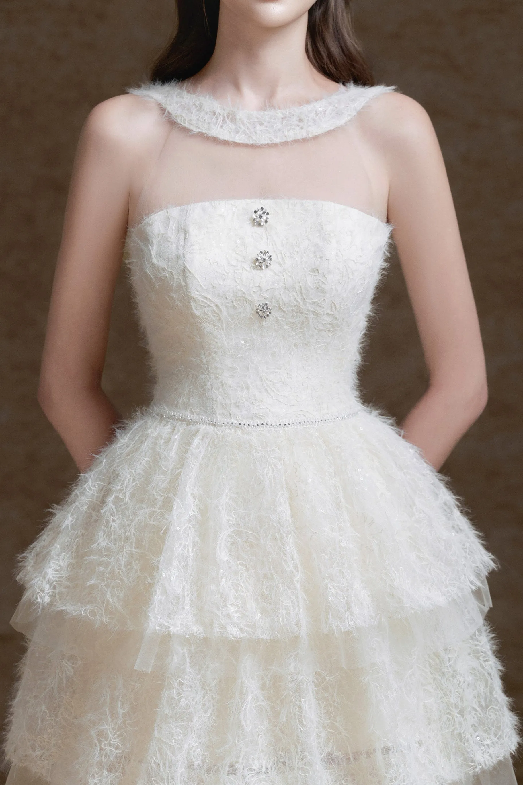 alison mesh stitching layer dress in white Gloria Lanvin