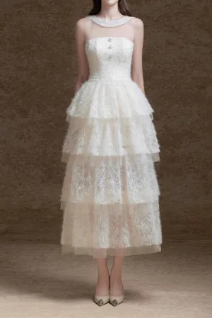alison mesh stitching layer dress in white Gloria Lanvin