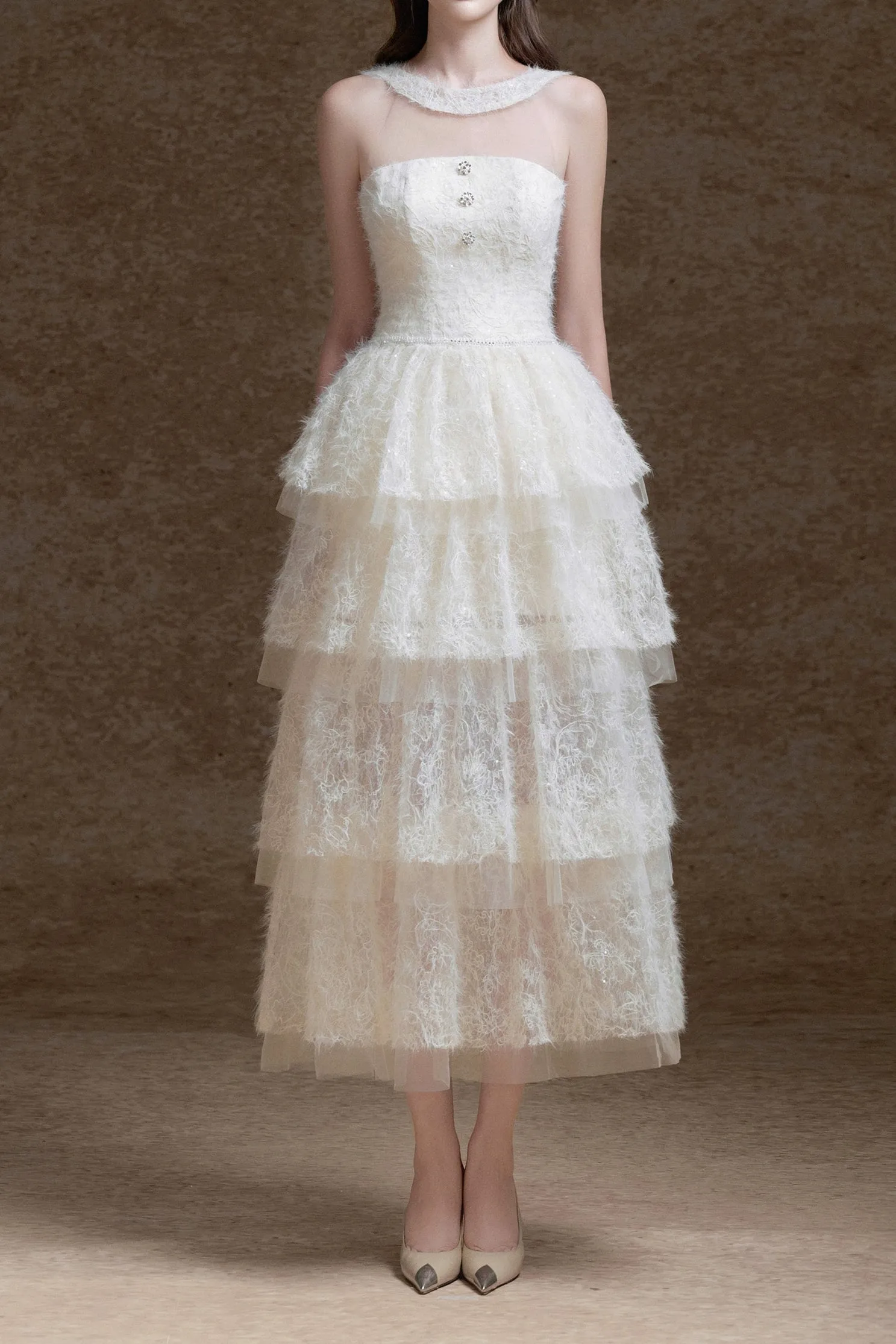 alison mesh stitching layer dress in white Gloria Lanvin
