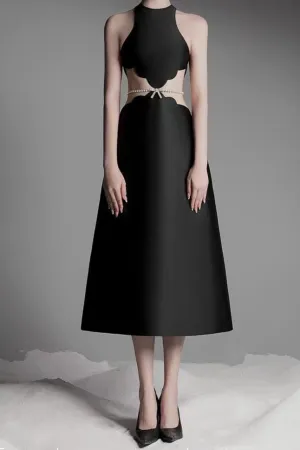 anila pearl chain embellished midi dress in black Gloria Lanvin
