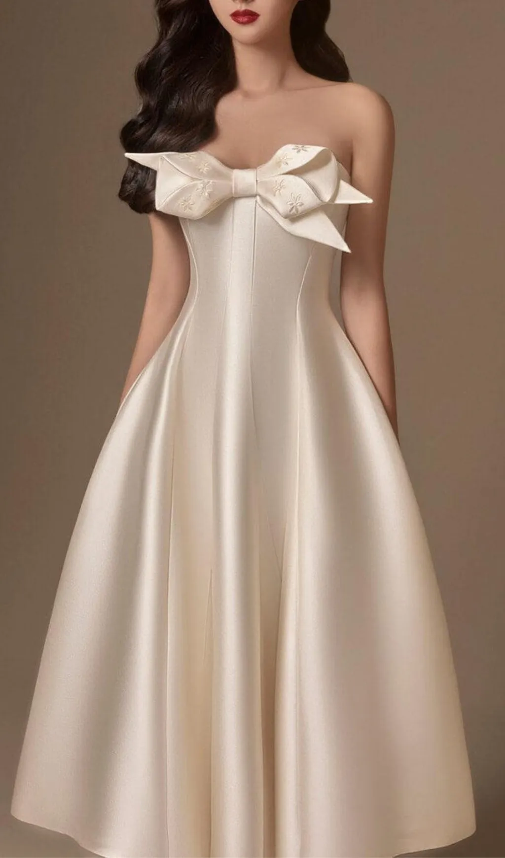 BEIGE FLARED SEMI-HEART NECK TAFFETA MIDI DRESS Gloria Lanvin