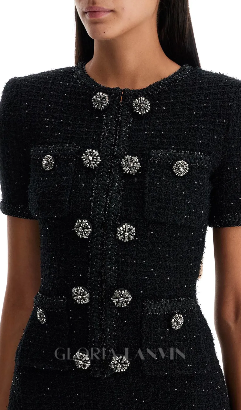 BEVERLY PLEATED METALLIC-WEAVE KNITTED MINI DRESS IN BLACK Gloria Lanvin