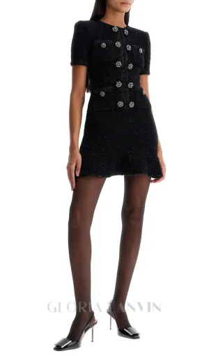 BEVERLY PLEATED METALLIC-WEAVE KNITTED MINI DRESS IN BLACK Gloria Lanvin