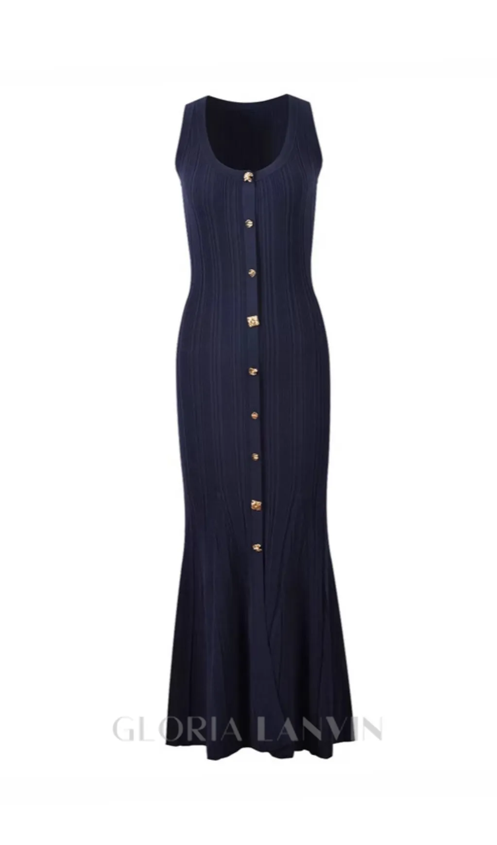 Button-embellished ribbed-knit midi dress in navy Gloria Lanvin