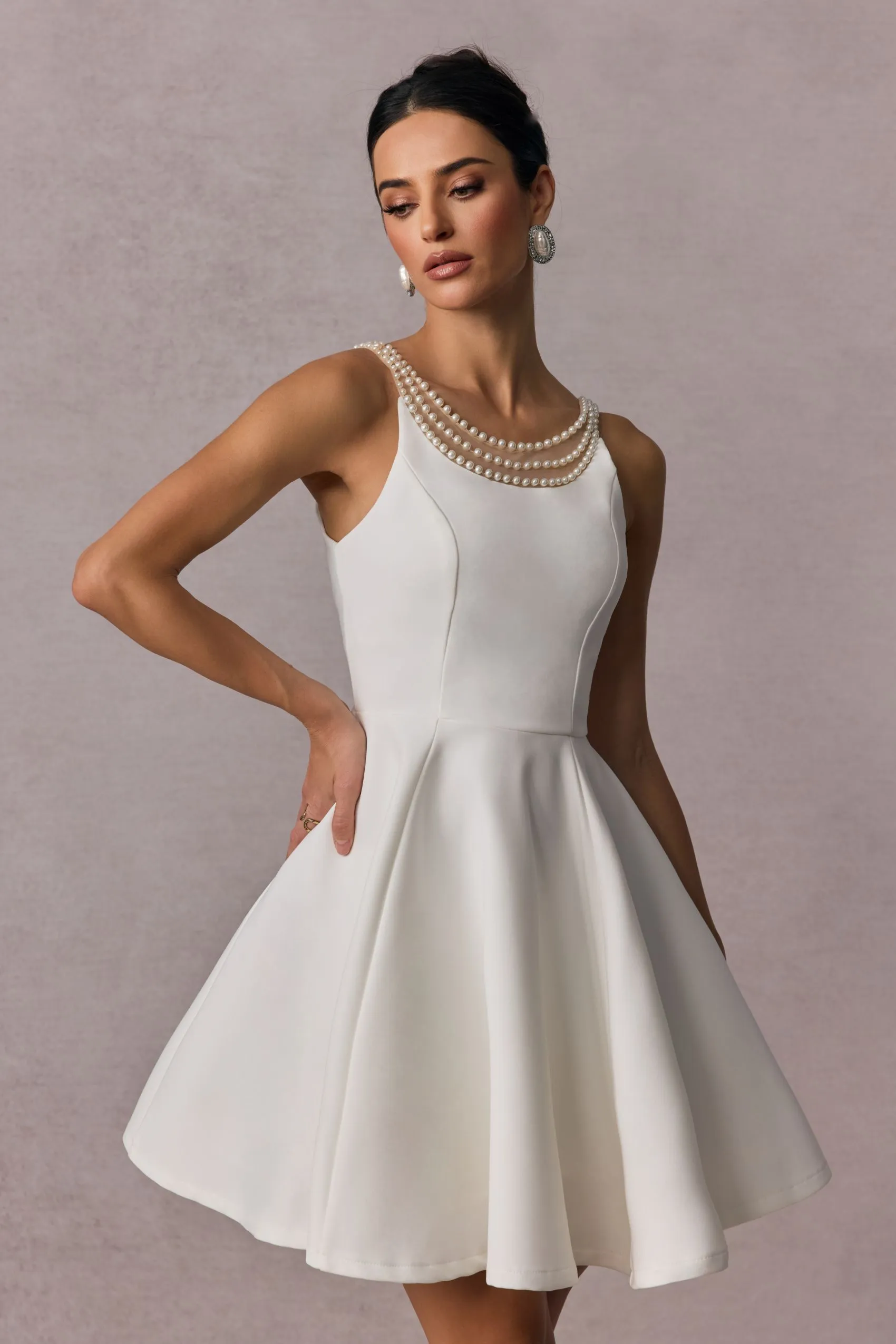 camille Open Back Pearl Embelished Mini Dress in white Gloria Lanvin