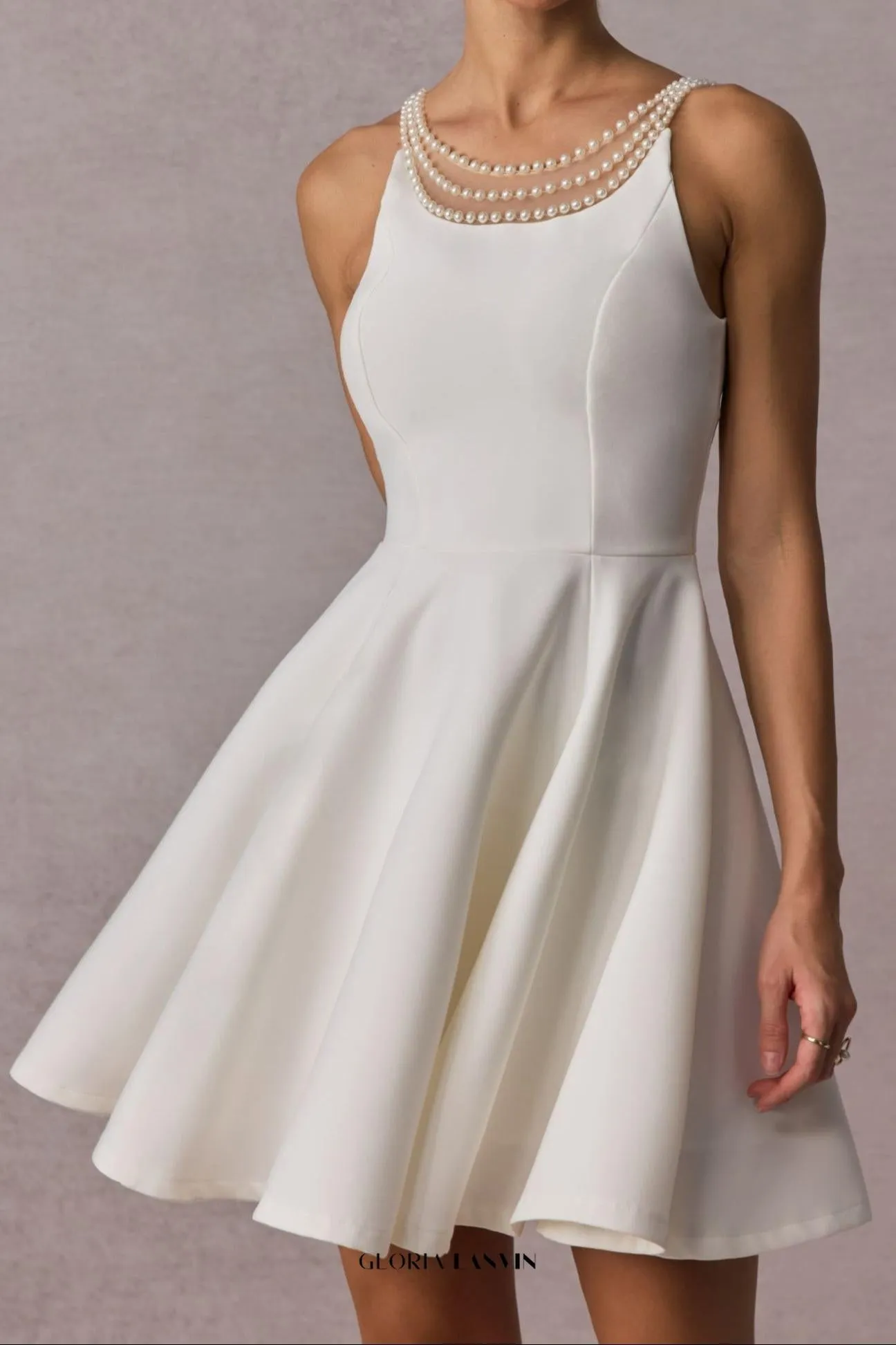 camille Open Back Pearl Embelished Mini Dress in white Gloria Lanvin