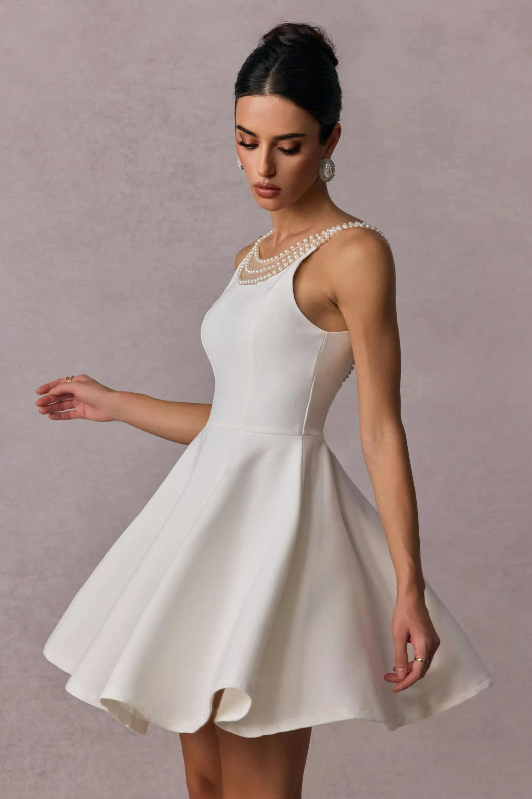 camille Open Back Pearl Embelished Mini Dress in white Gloria Lanvin