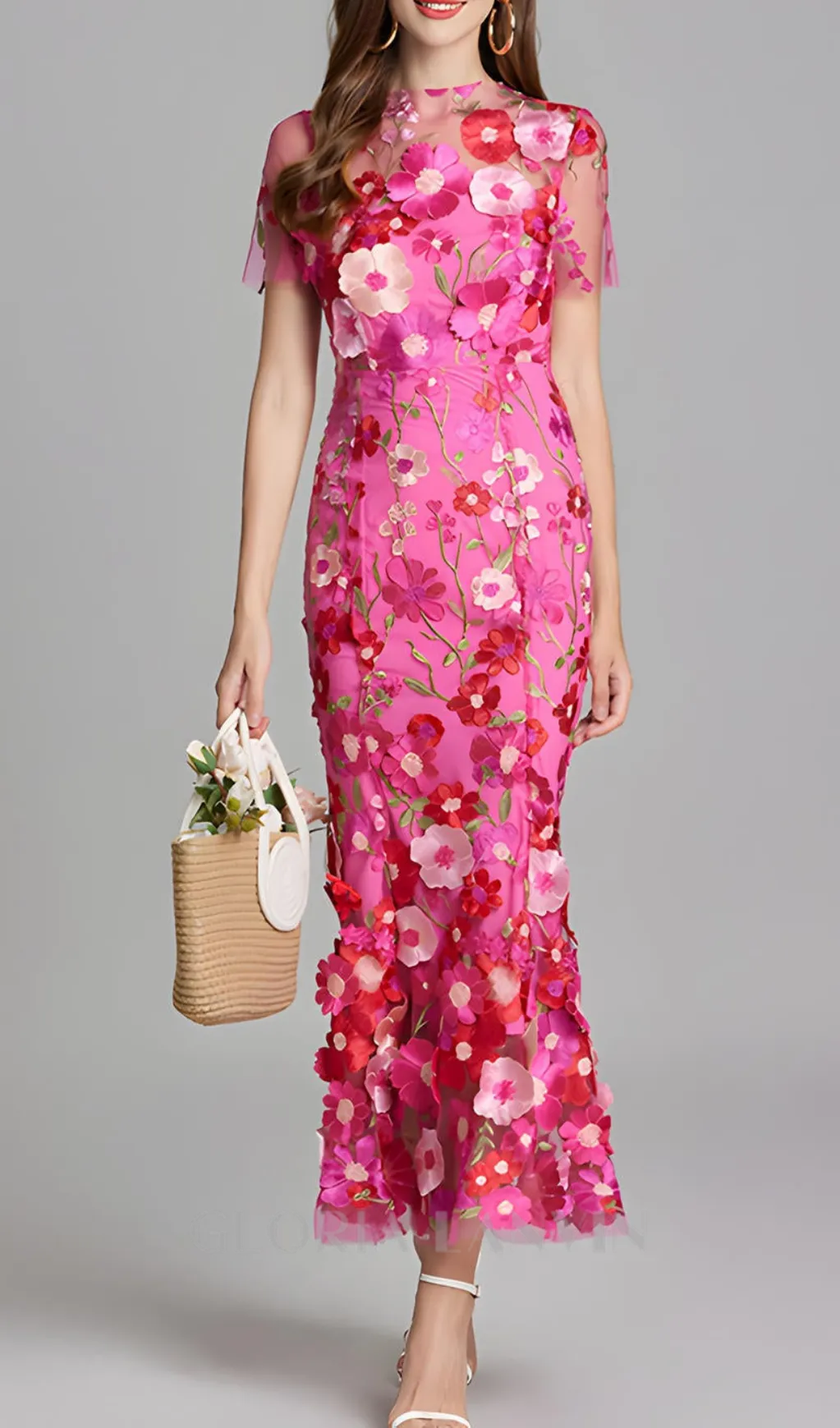 CAROL ROSE RED FLORAL EMBROIDERY MESH FISHTAIL MIDI DRESS Gloria Lanvin