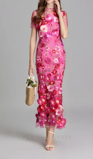 CAROL ROSE RED FLORAL EMBROIDERY MESH FISHTAIL MIDI DRESS Gloria Lanvin