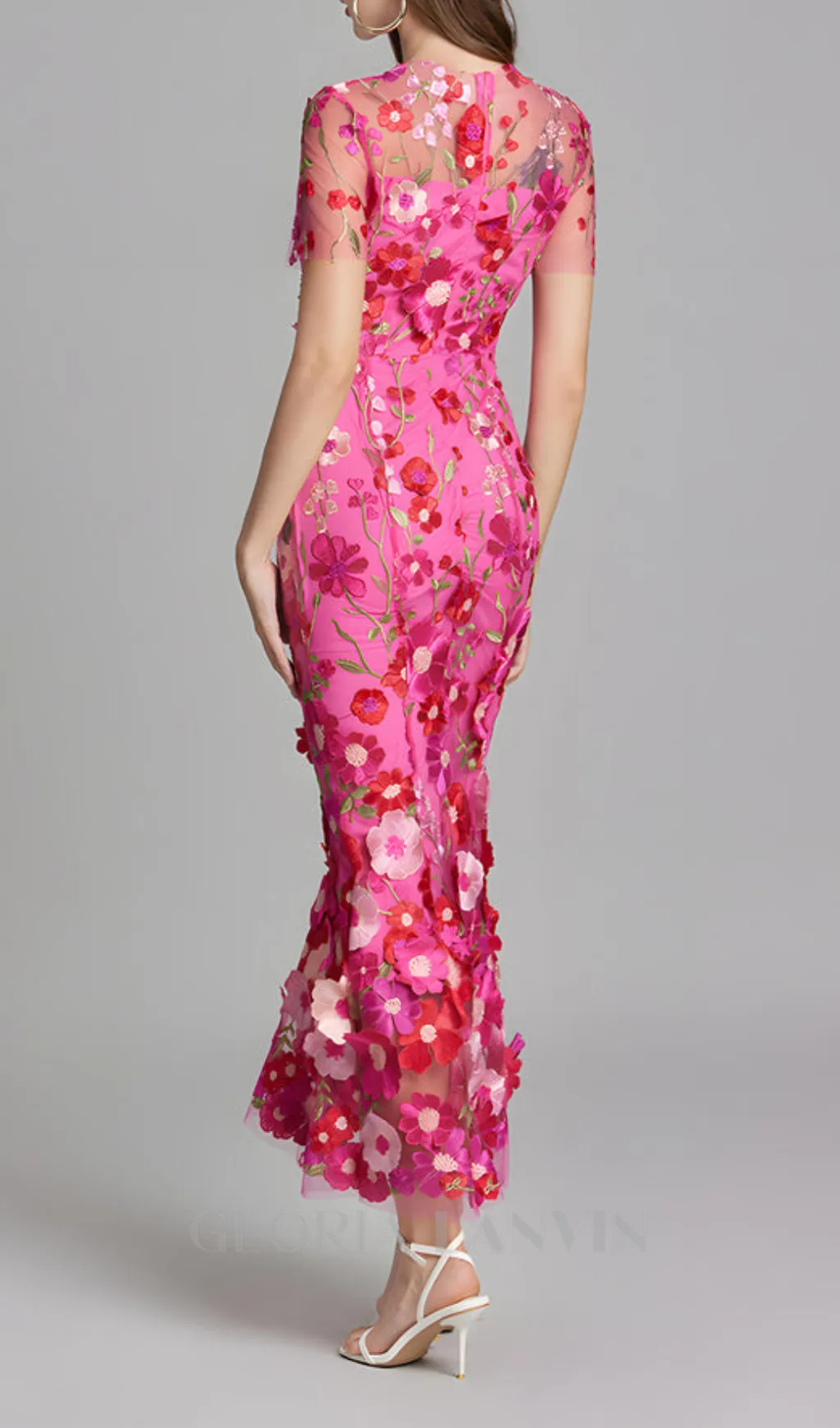 CAROL ROSE RED FLORAL EMBROIDERY MESH FISHTAIL MIDI DRESS Gloria Lanvin