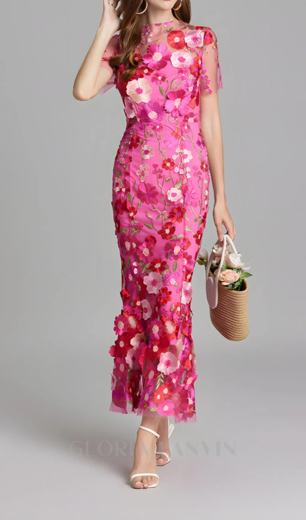 CAROL ROSE RED FLORAL EMBROIDERY MESH FISHTAIL MIDI DRESS Gloria Lanvin