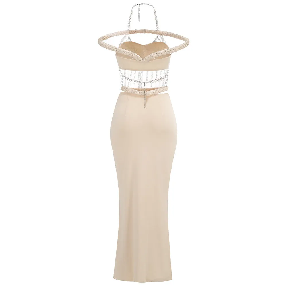 crystal chain embellished fishtail skirt set in apricot Gloria Lanvin
