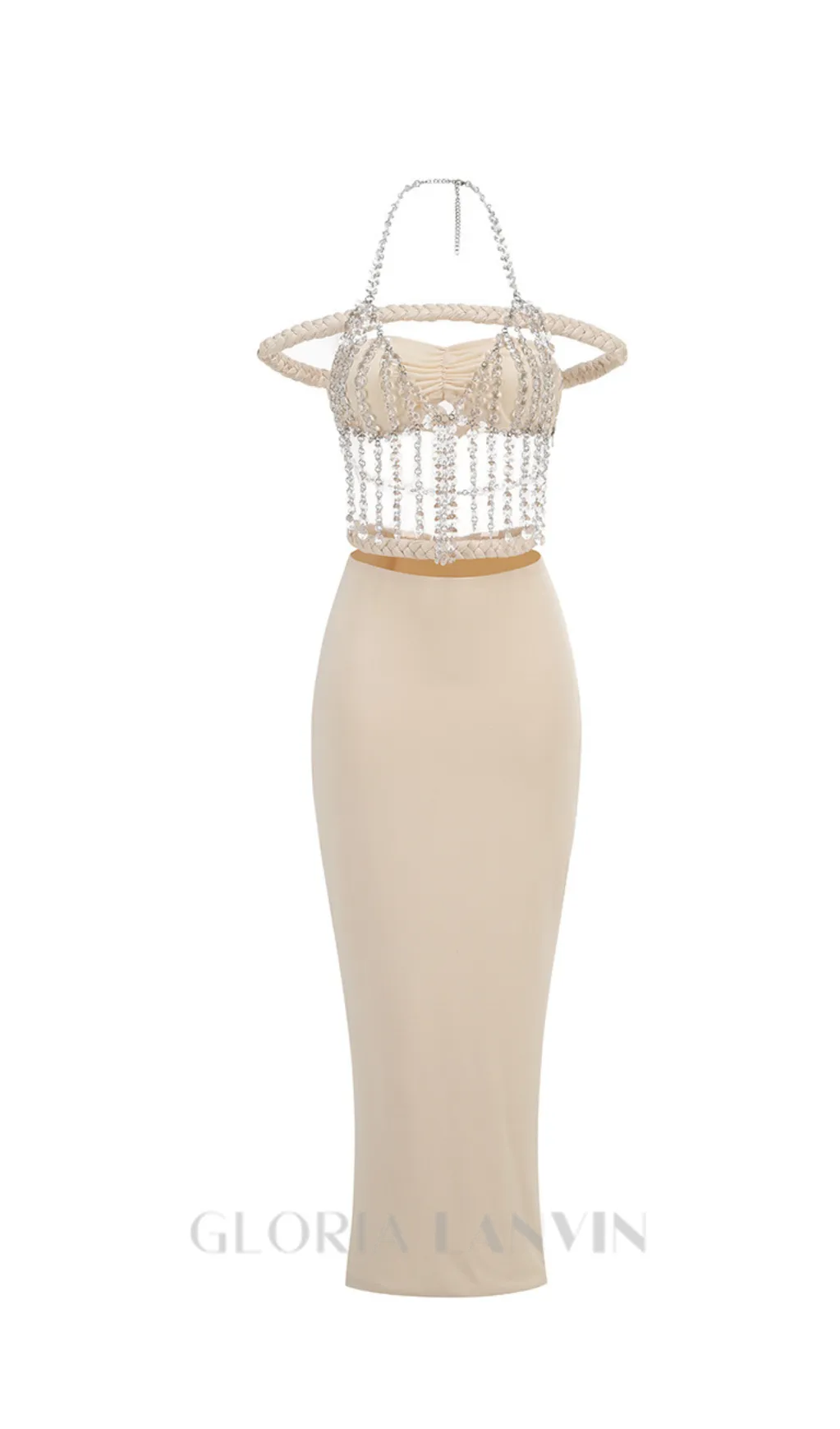 crystal chain embellished fishtail skirt set in apricot Gloria Lanvin