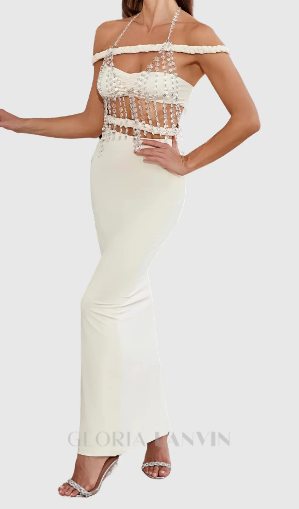 crystal chain embellished fishtail skirt set in apricot Gloria Lanvin