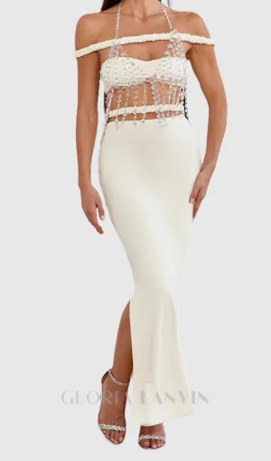 crystal chain embellished fishtail skirt set in apricot Gloria Lanvin