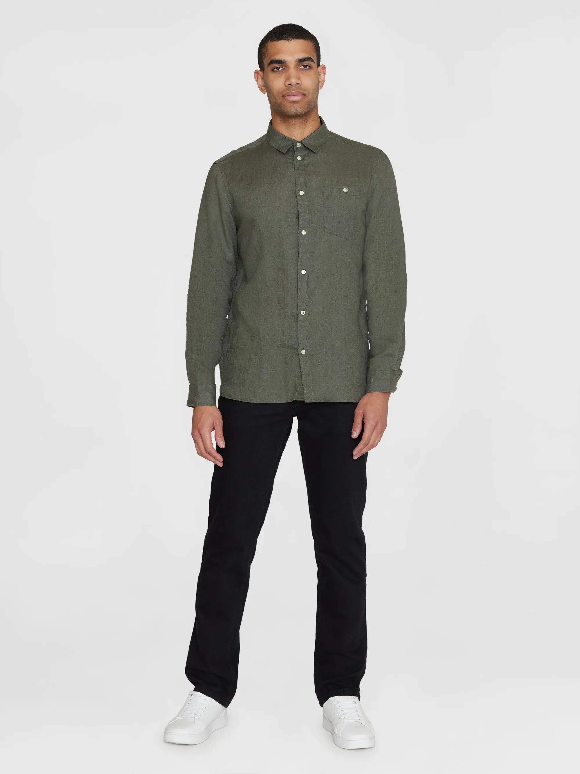Custom fit linen shirt - Burned Olive Knowledge Cotton