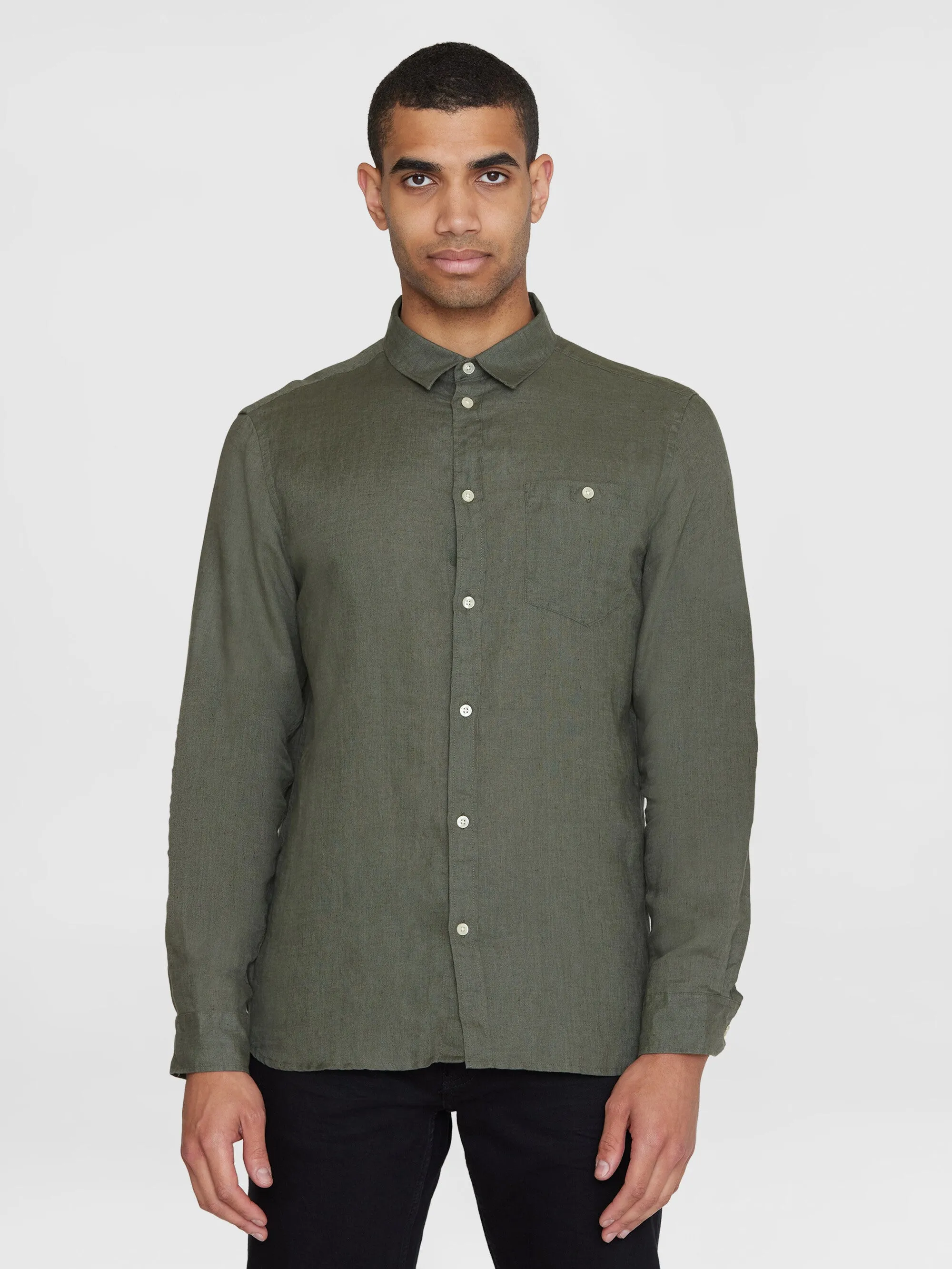 Custom fit linen shirt - Burned Olive Knowledge Cotton