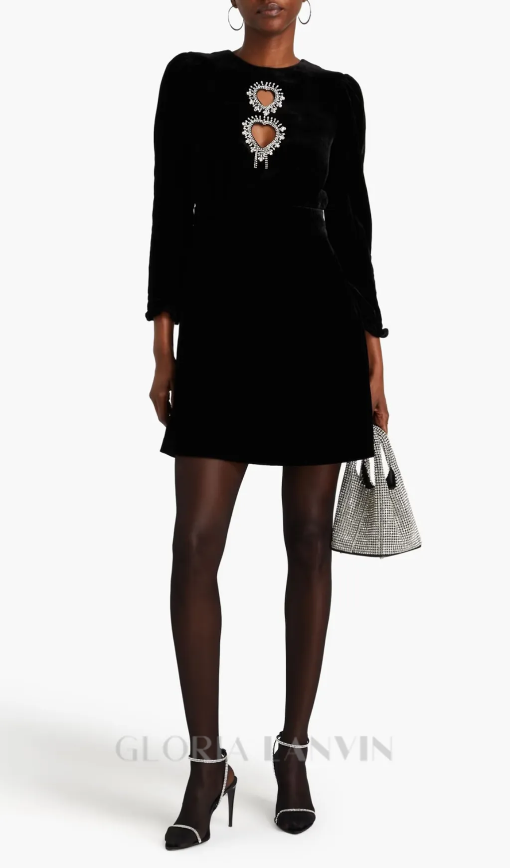 Cutout crystal-embellished velvet mini dress in black Gloria Lanvin
