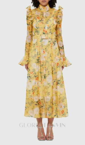 Daisy Print Butterfly Sleeve Midi Dress in yellow Gloria Lanvin