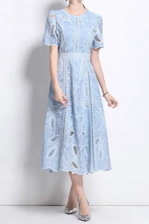 dana hollow embroidery lace midi dress in blue Gloria Lanvin