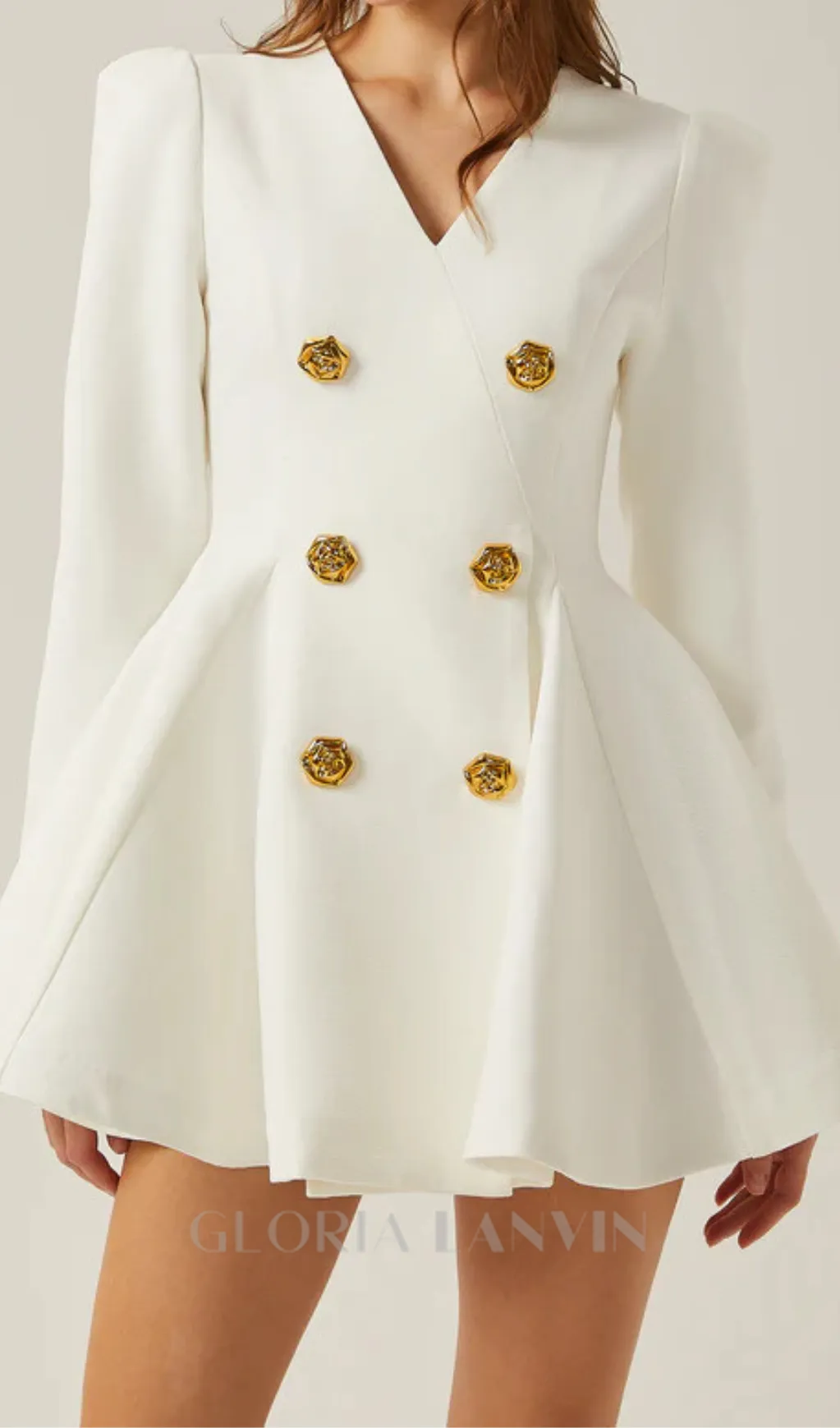 gold-button pleated peplum-hem white  blazer dress Gloria Lanvin