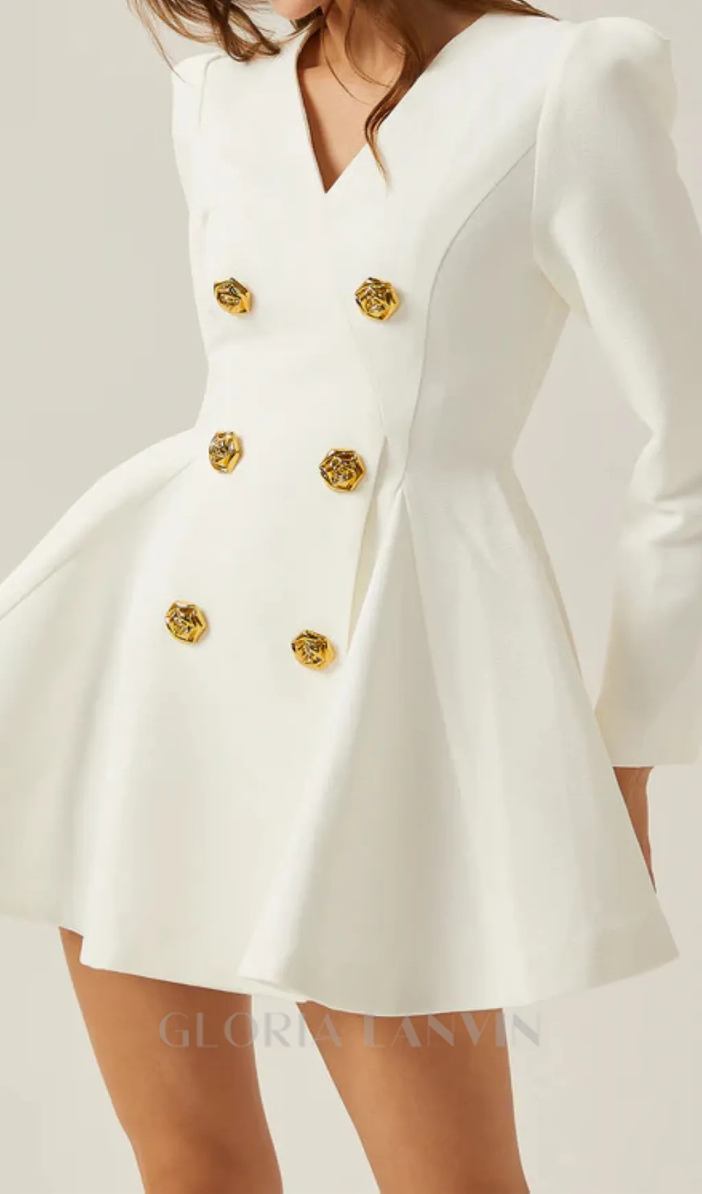 gold-button pleated peplum-hem white  blazer dress Gloria Lanvin