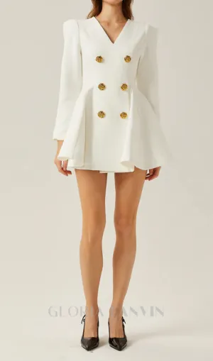 gold-button pleated peplum-hem white  blazer dress Gloria Lanvin