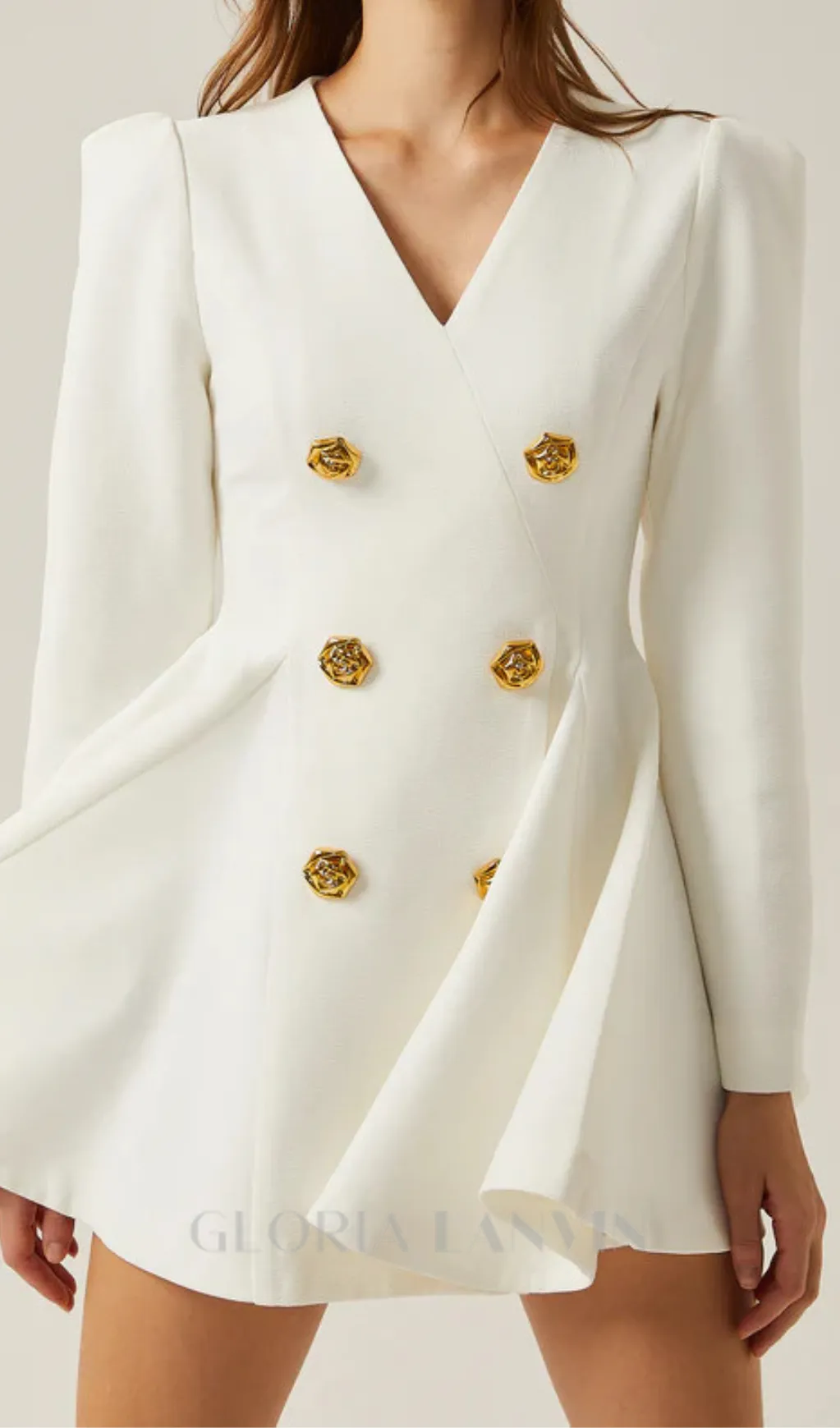 gold-button pleated peplum-hem white  blazer dress Gloria Lanvin