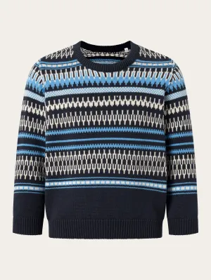 Jacquard knit cotton crew knit - Blue stripe Knowledge Cotton