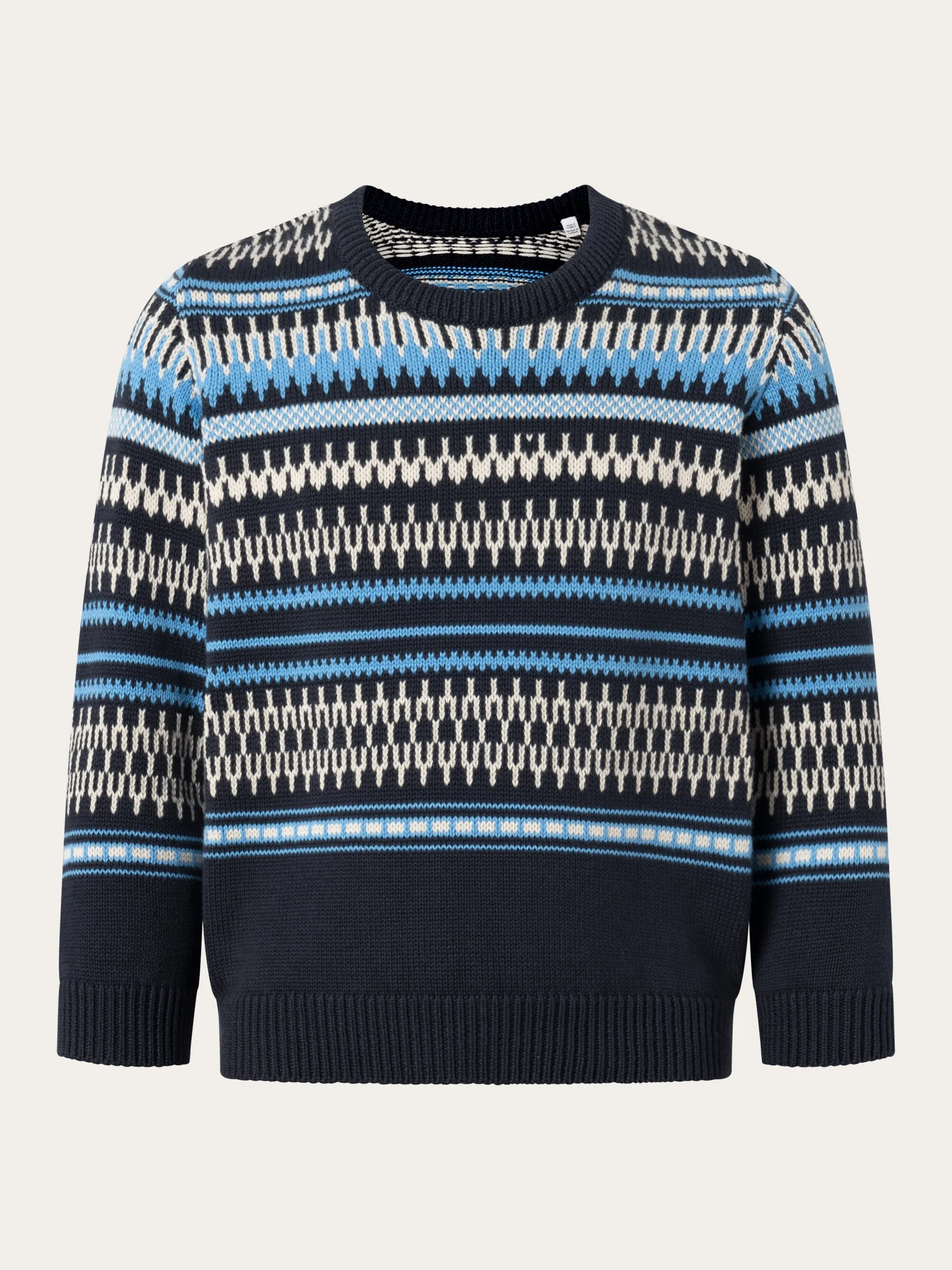 Jacquard knit cotton crew knit - Blue stripe Knowledge Cotton
