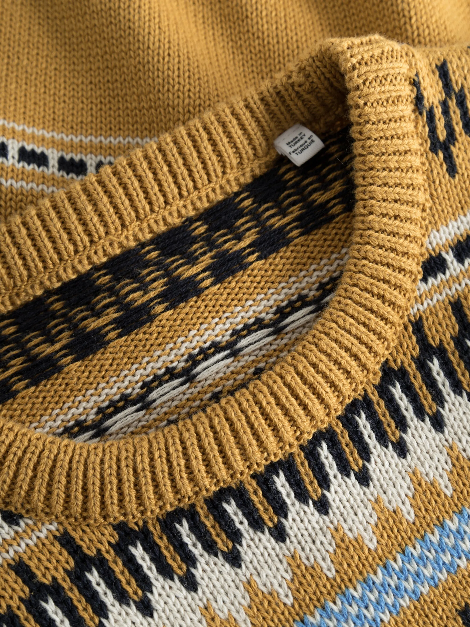 Jacquard knit cotton crew knit - Yellow stripe Knowledge Cotton