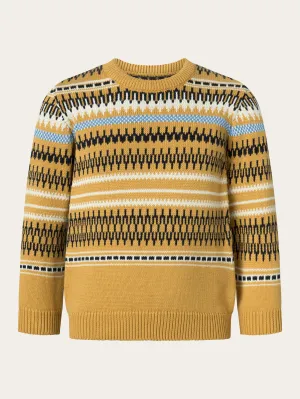 Jacquard knit cotton crew knit - Yellow stripe Knowledge Cotton