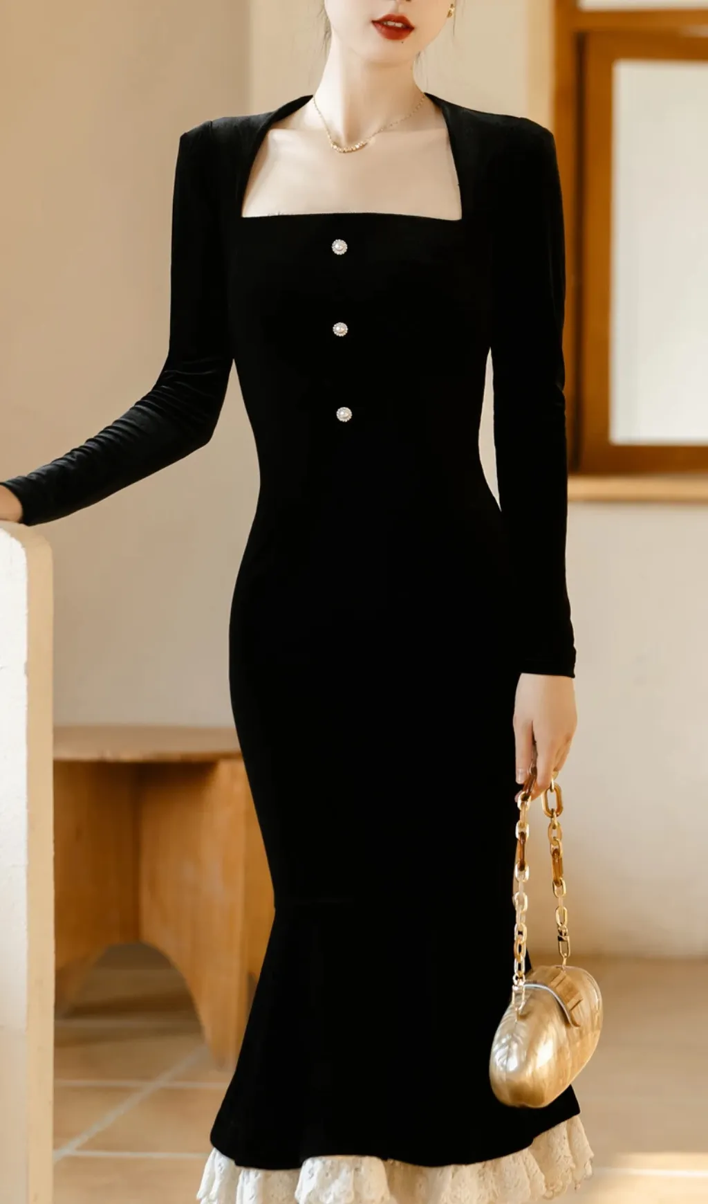 LONG-SLEEVE RUFFLE HEM FAUX VELVET MIDI DRESS Gloria Lanvin