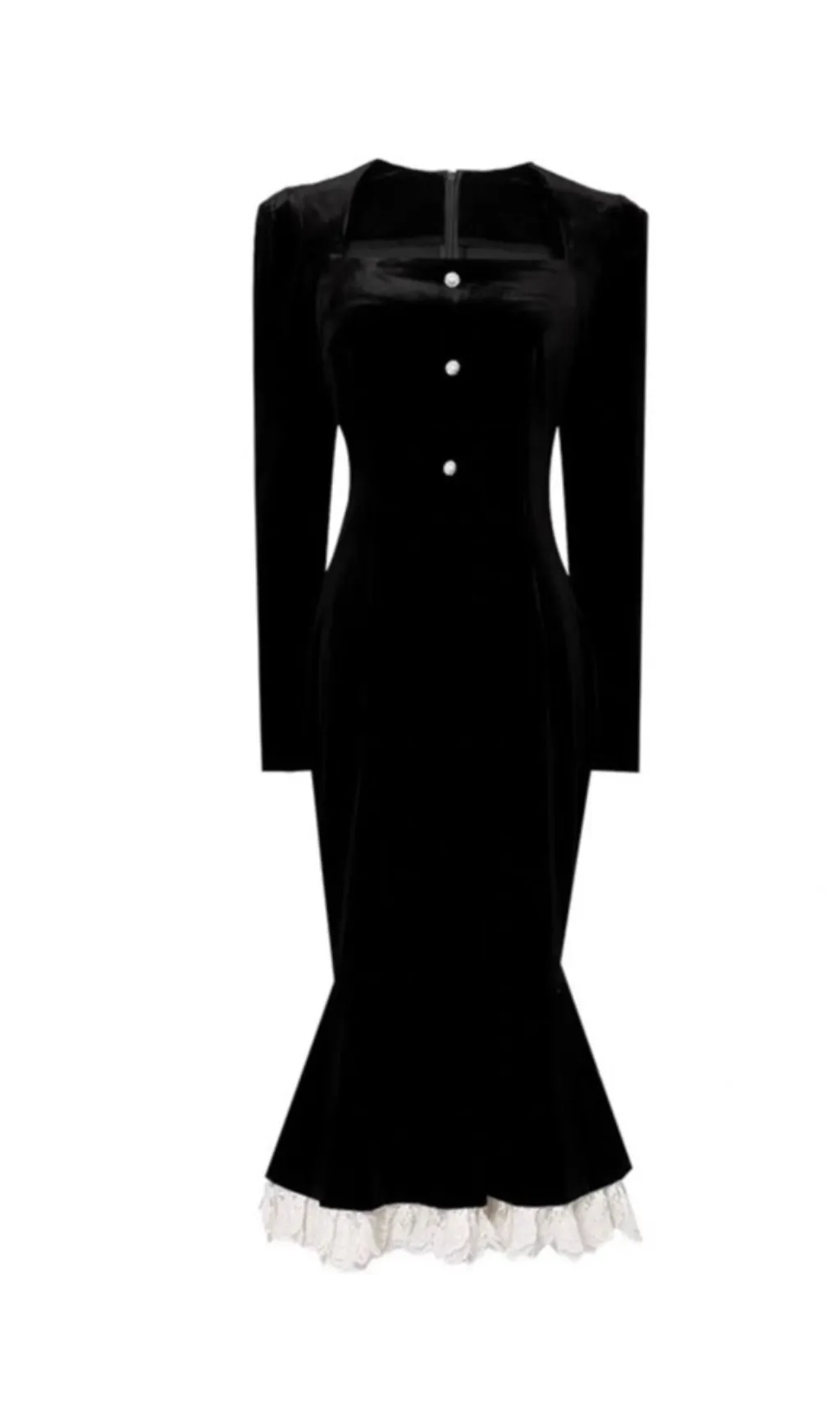LONG-SLEEVE RUFFLE HEM FAUX VELVET MIDI DRESS Gloria Lanvin