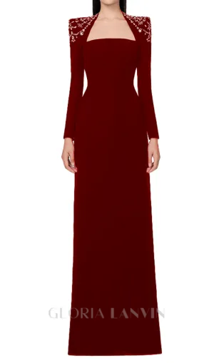long sleeve trapezoid neckline bodycon  maxi dress in red Gloria Lanvin