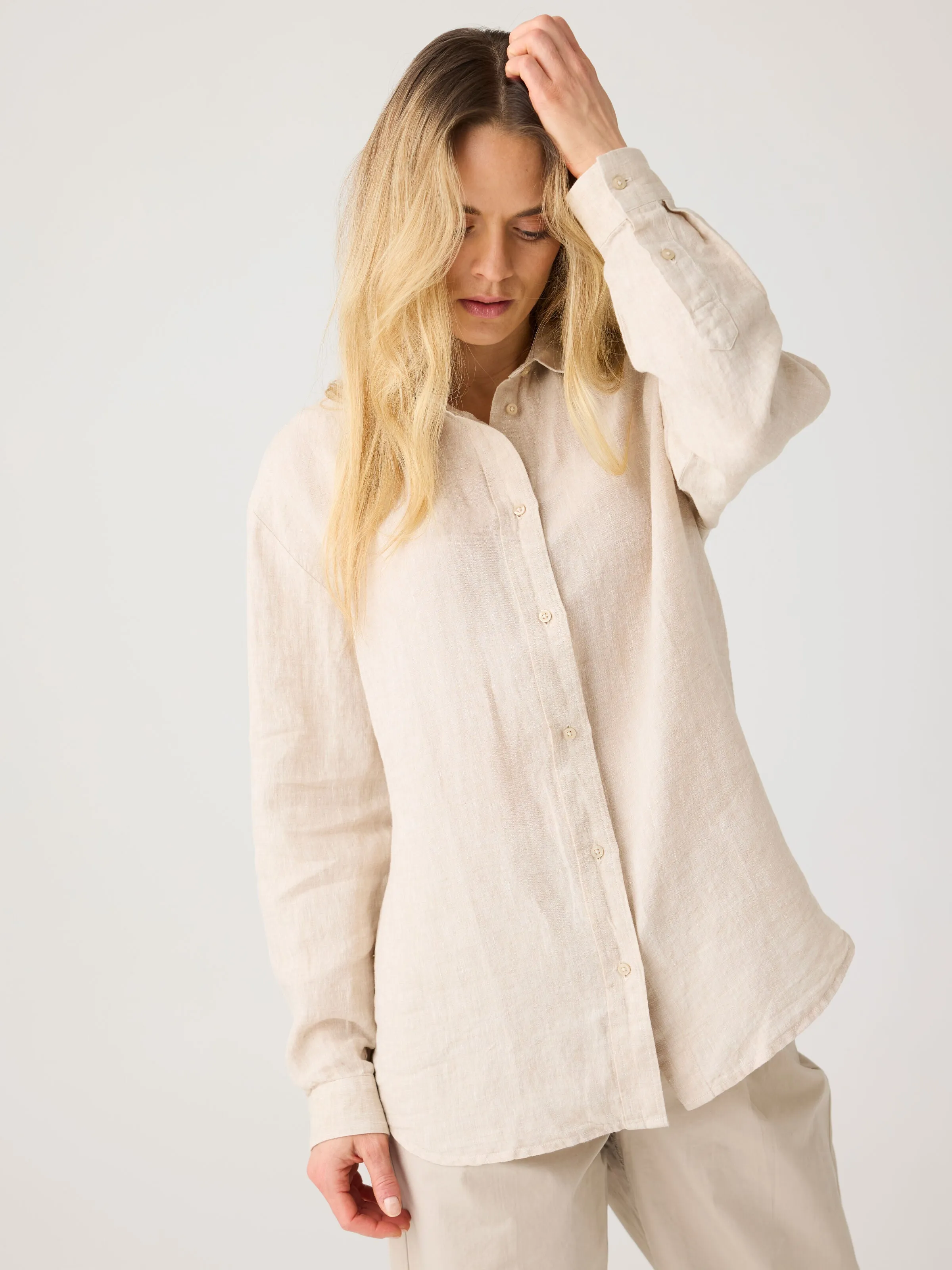 Loose linen long sleeved shirt - GOTS/Vegan - Yarndyed - Light feather gray Knowledge Cotton