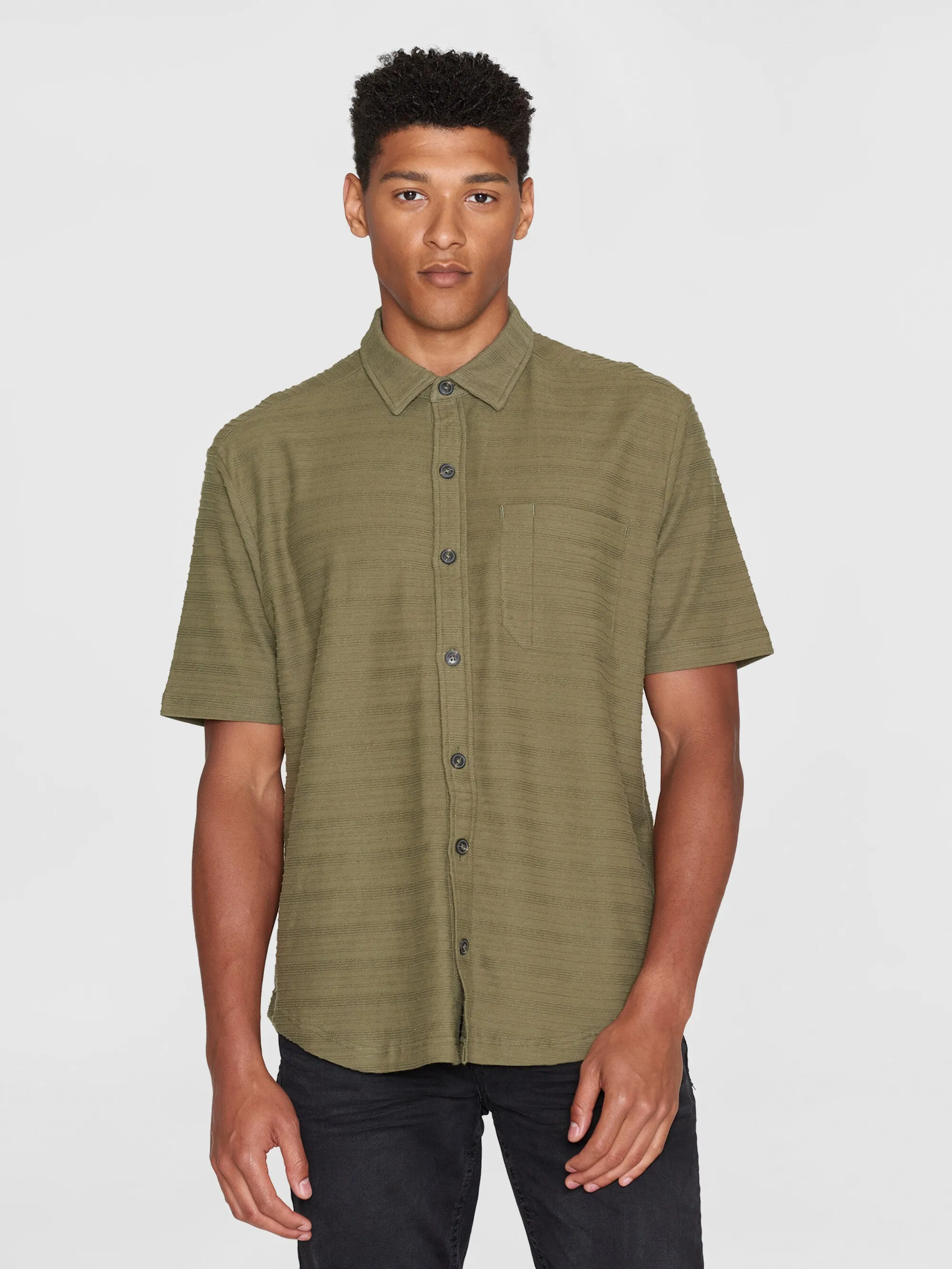 Loose short sleeve cotton solid striped jersey shirt GOTS/Vegan - Burned Olive Knowledge Cotton
