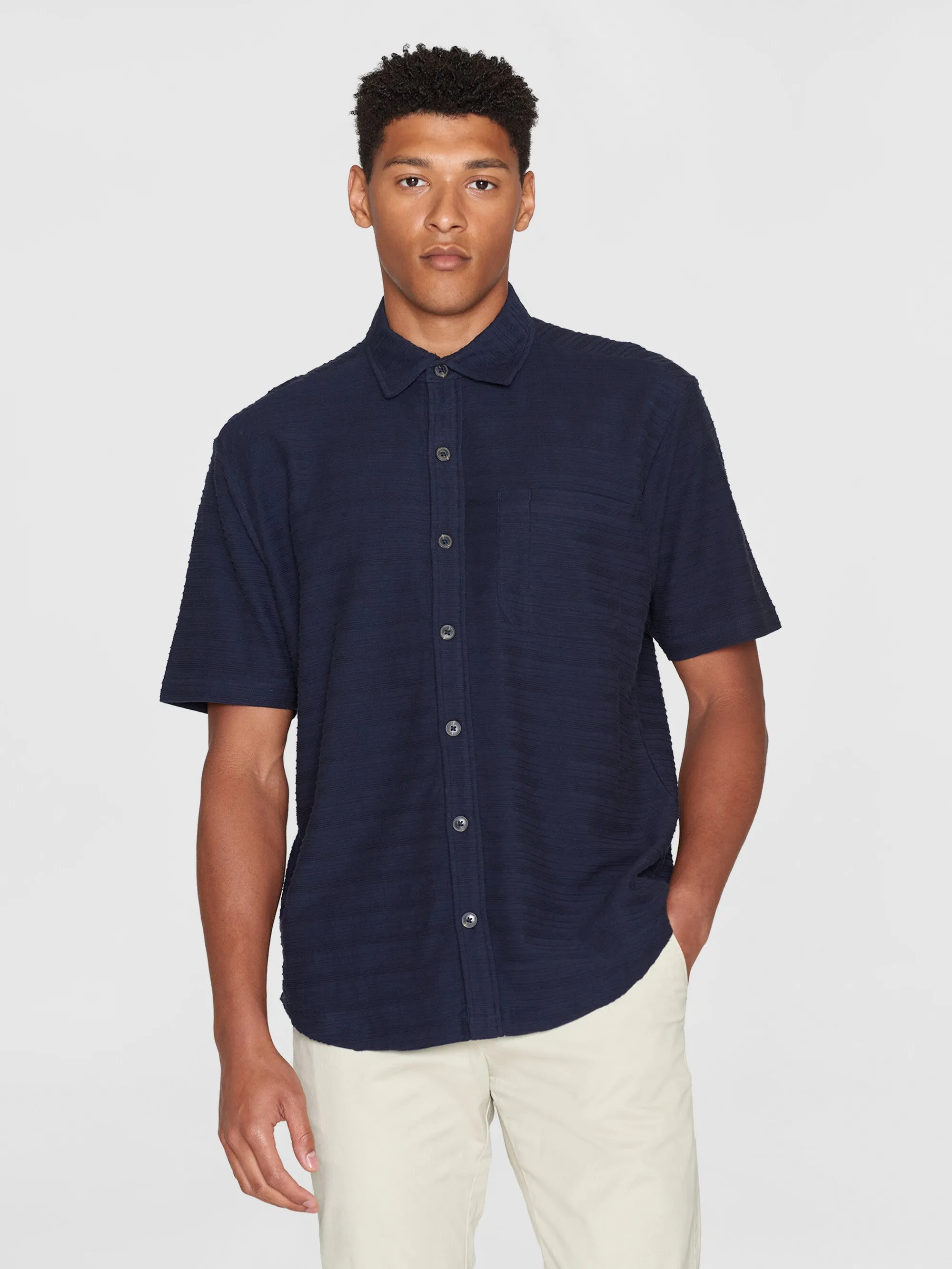 Loose short sleeve cotton solid striped jersey shirt GOTS/Vegan - Night Sky Knowledge Cotton