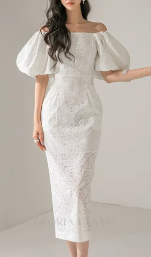 NATALIE PUFF SLEEVE OFF SHOULDER WHITE LACE MIDI DRESS Gloria Lanvin