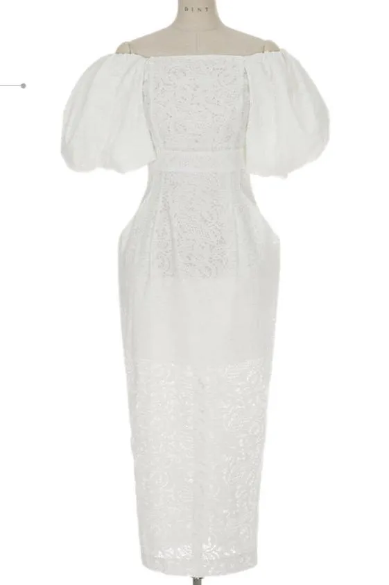 NATALIE PUFF SLEEVE OFF SHOULDER WHITE LACE MIDI DRESS Gloria Lanvin