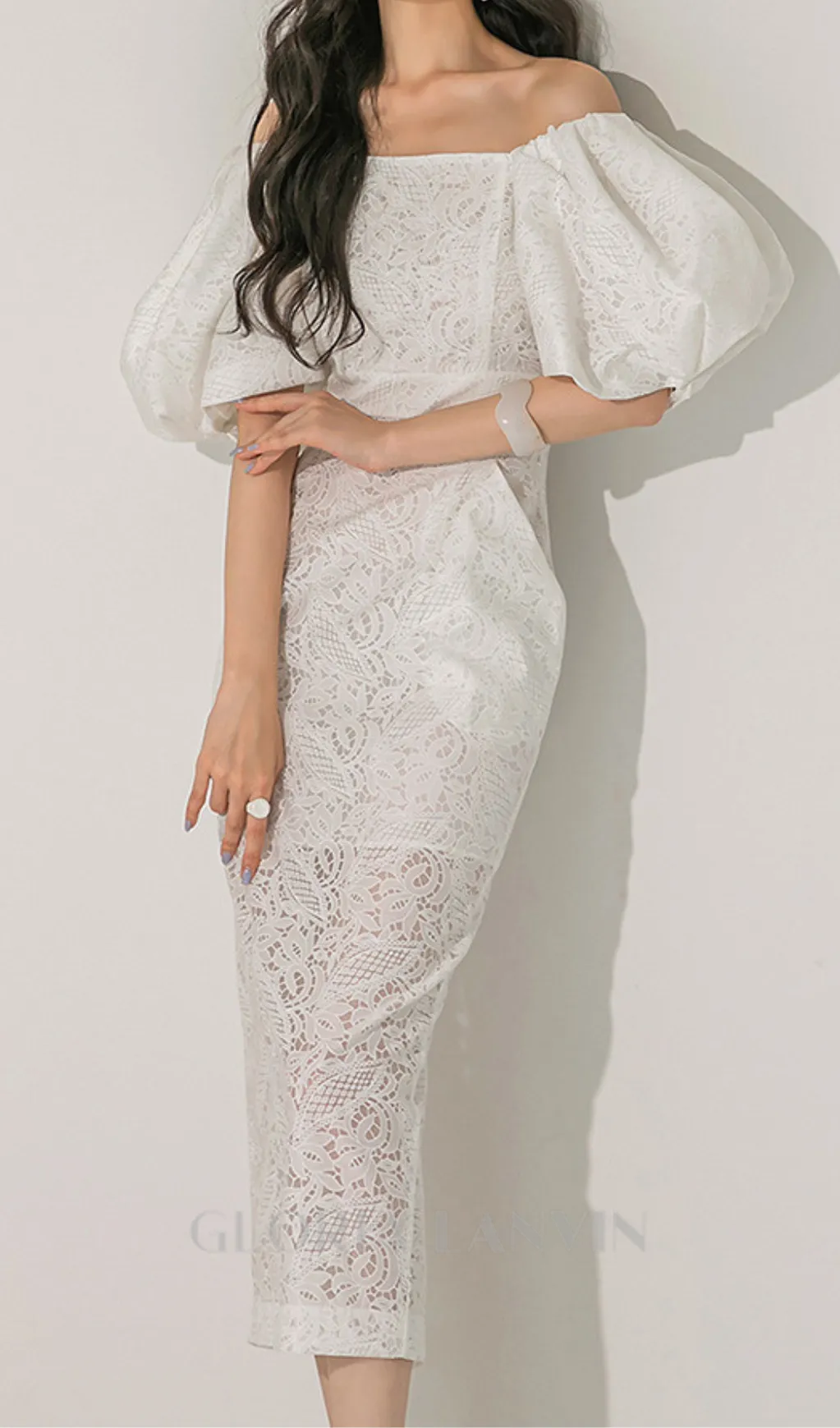 NATALIE PUFF SLEEVE OFF SHOULDER WHITE LACE MIDI DRESS Gloria Lanvin