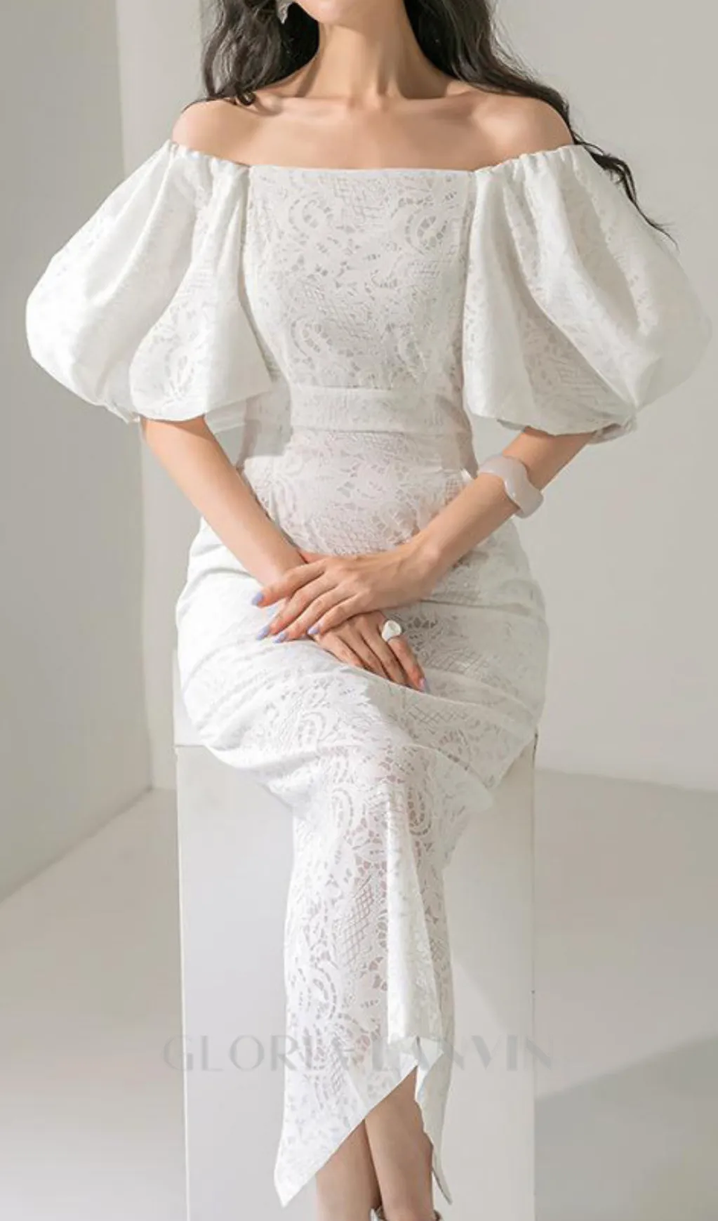 NATALIE PUFF SLEEVE OFF SHOULDER WHITE LACE MIDI DRESS Gloria Lanvin