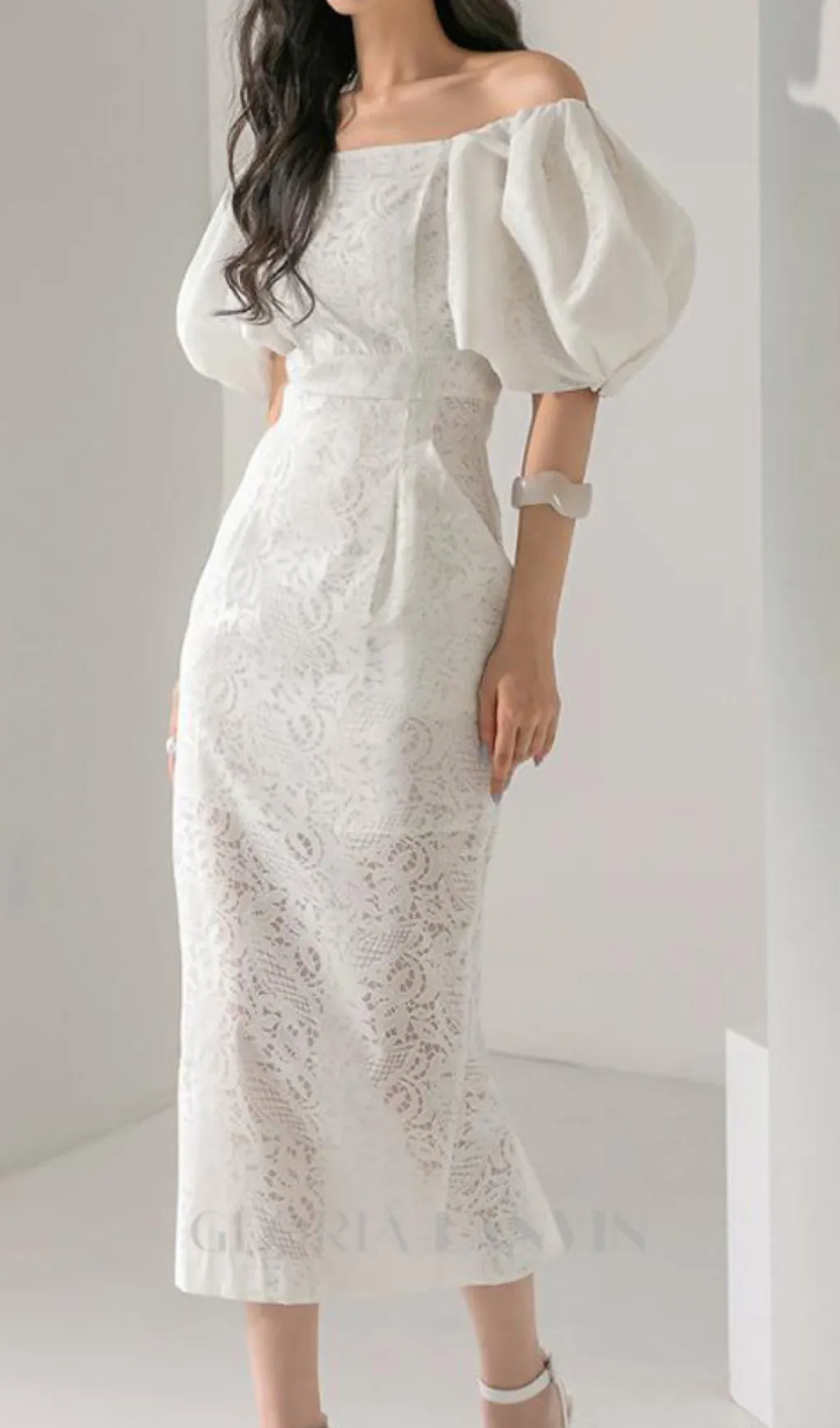 NATALIE PUFF SLEEVE OFF SHOULDER WHITE LACE MIDI DRESS Gloria Lanvin
